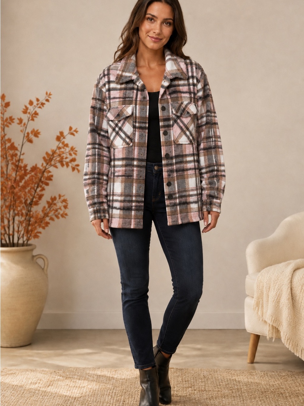 Halogen Pink Brown and Cream Flannel button up